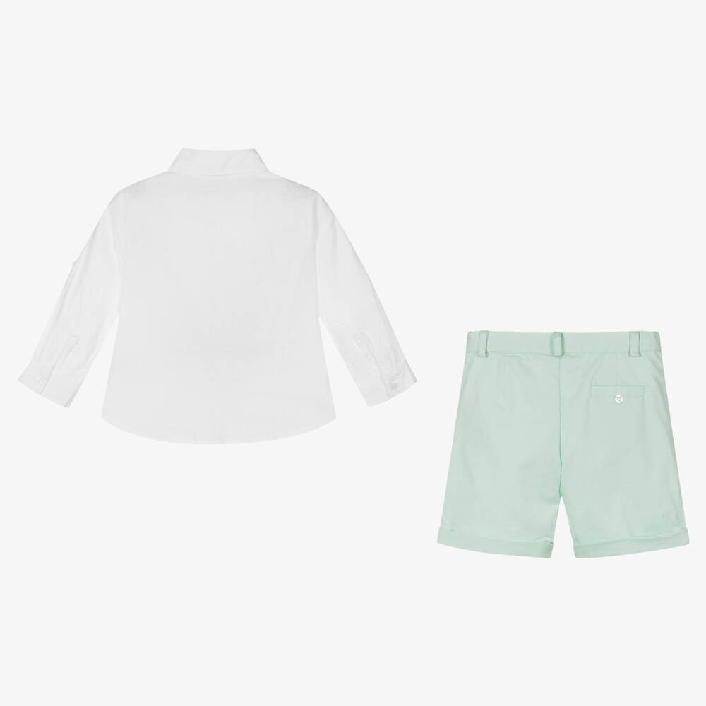 Patachou-طقم شورت وقميص قطن وكتان لون أبيض وأخضر | Childrensalon Outlet