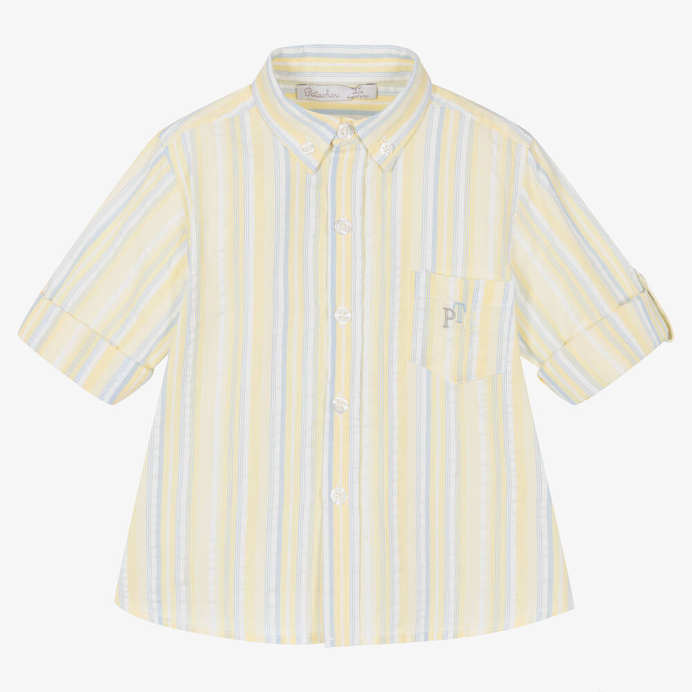 Patachou - قميص قطن سيرسوكر مقلم لون أزرق وأصفر للأولاد | Childrensalon