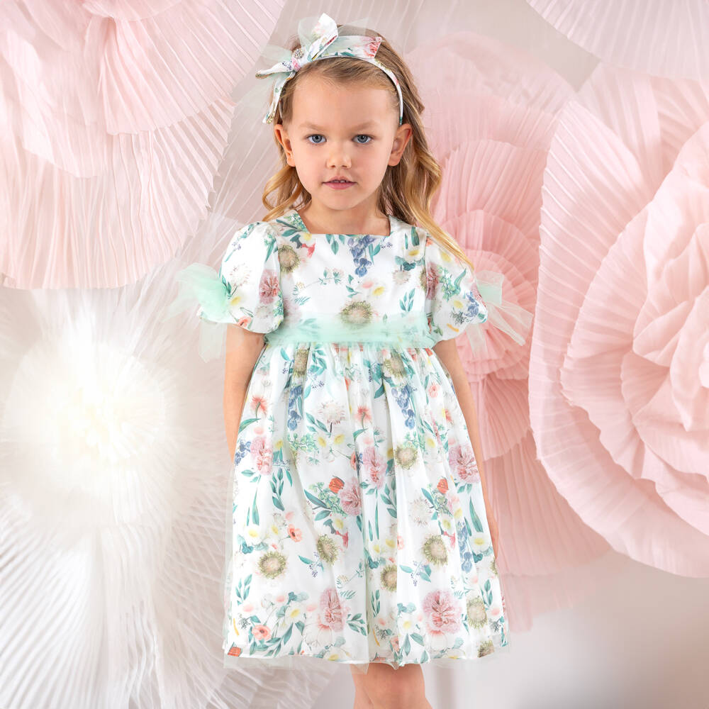 Patachou-Charming Girls Green Floral Tulle Dress | Childrensalon Outlet