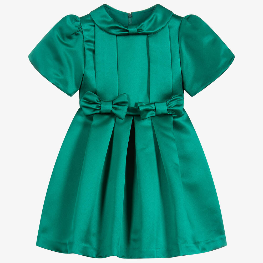 Patachou - Изумрудно-зеленое атласное платье с бантами | Childrensalon