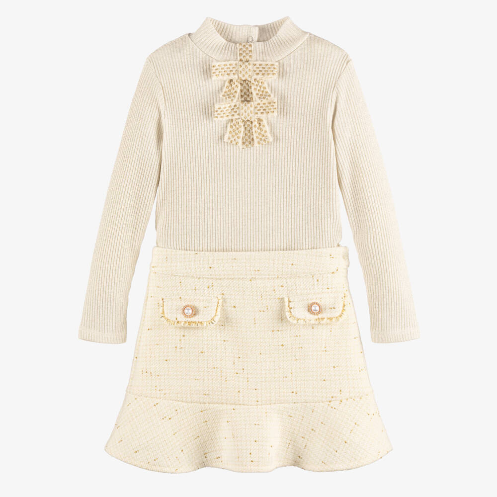 Patachou-Girl Ivory & Gold Tweed Skirt Set | Childrensalon Outlet