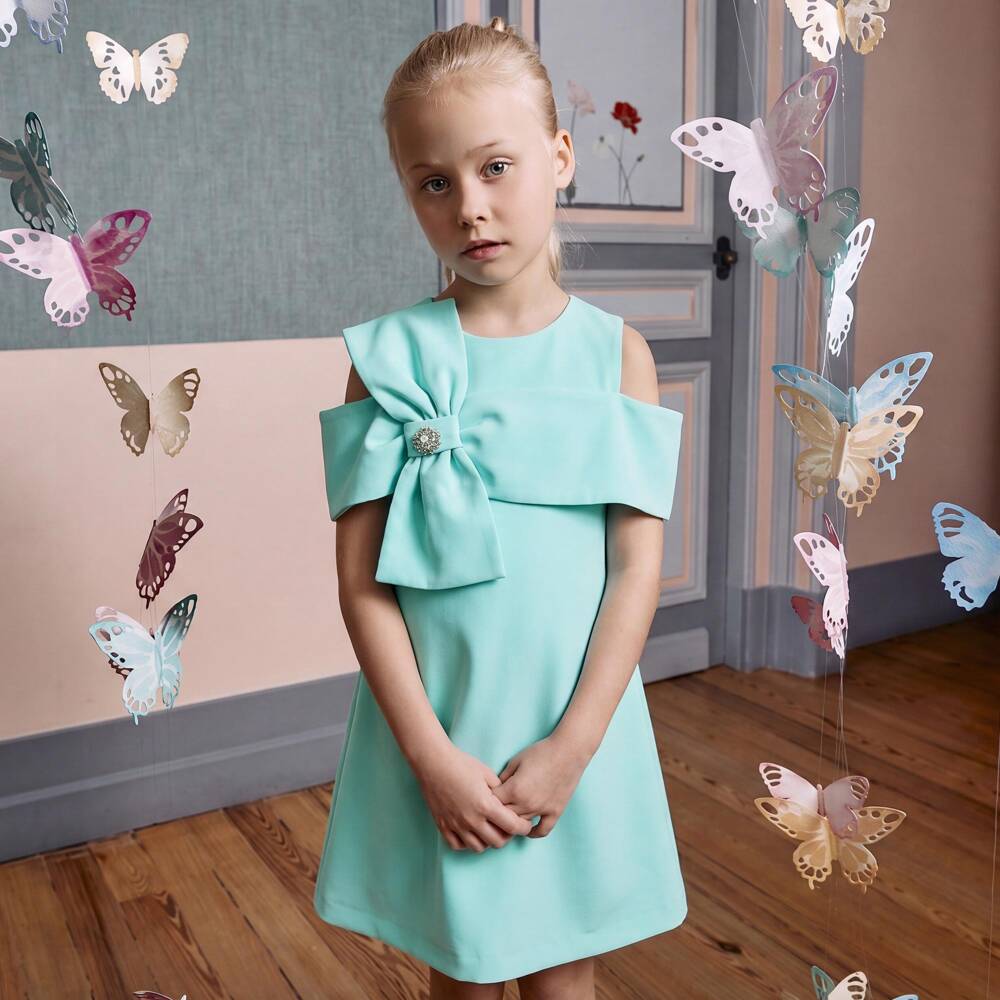 Patachou-Girls Aqua Green Crêpe Bow Dress | Childrensalon Outlet