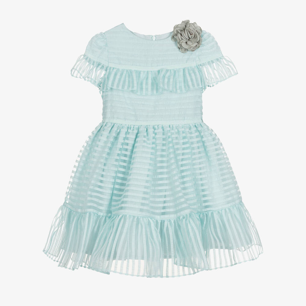 Patachou - Girls Aqua Green Organza Stripe Dress | Childrensalon
