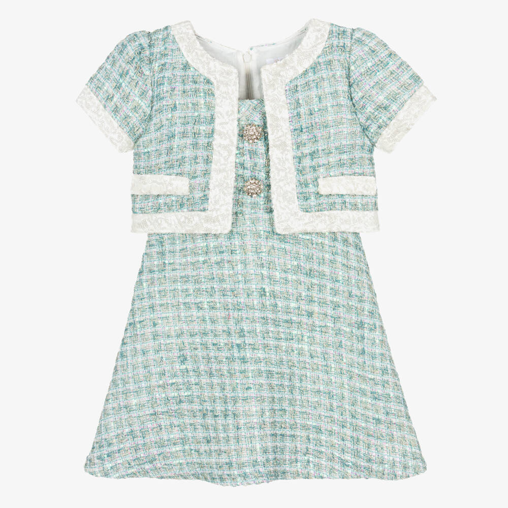 Patachou-Girls Aqua Green Sequinned Tweed Jacket Dress | Childrensalon Outlet