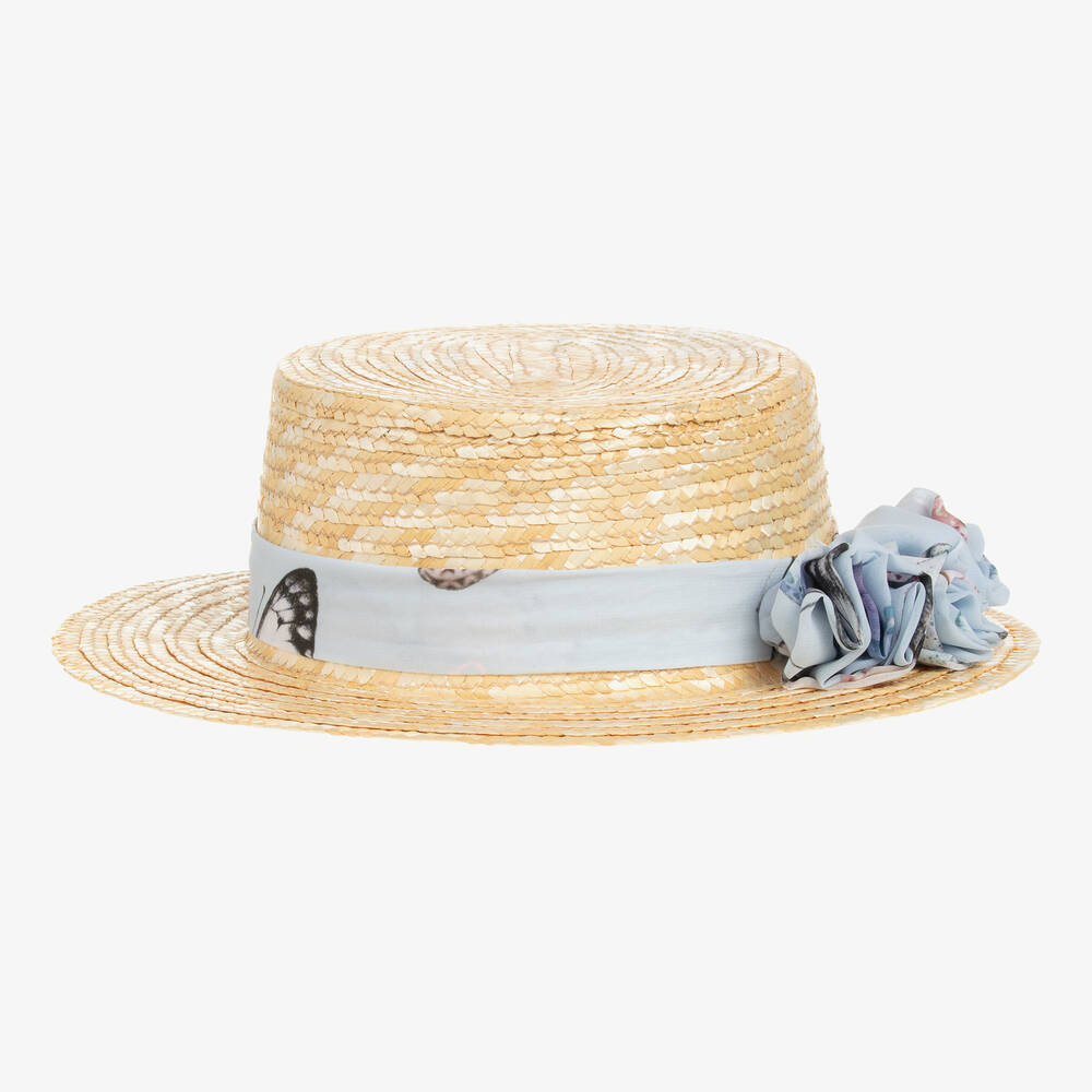 Patachou - Бежевая соломенная шляпа с голубой лентой с бабочками | Childrensalon