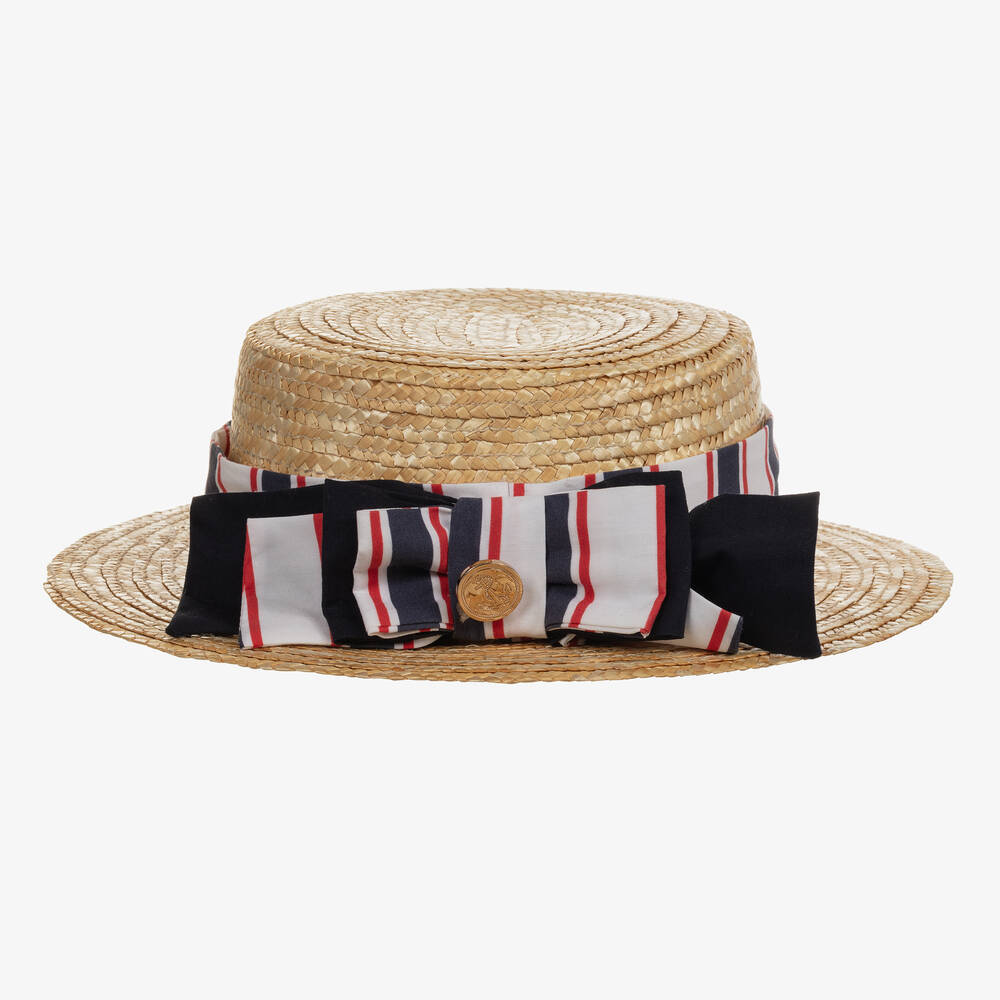 Patachou-Girls Beige & Blue Striped Straw Hat | Childrensalon Outlet