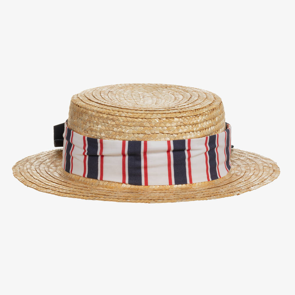 Patachou - Бежевая соломенная шляпа с лентой в синюю полоску | Childrensalon
