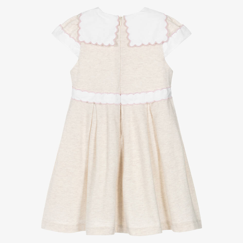 Patachou-Girls Beige Cotton Dress with Scalloped Collar | Childrensalon Outlet