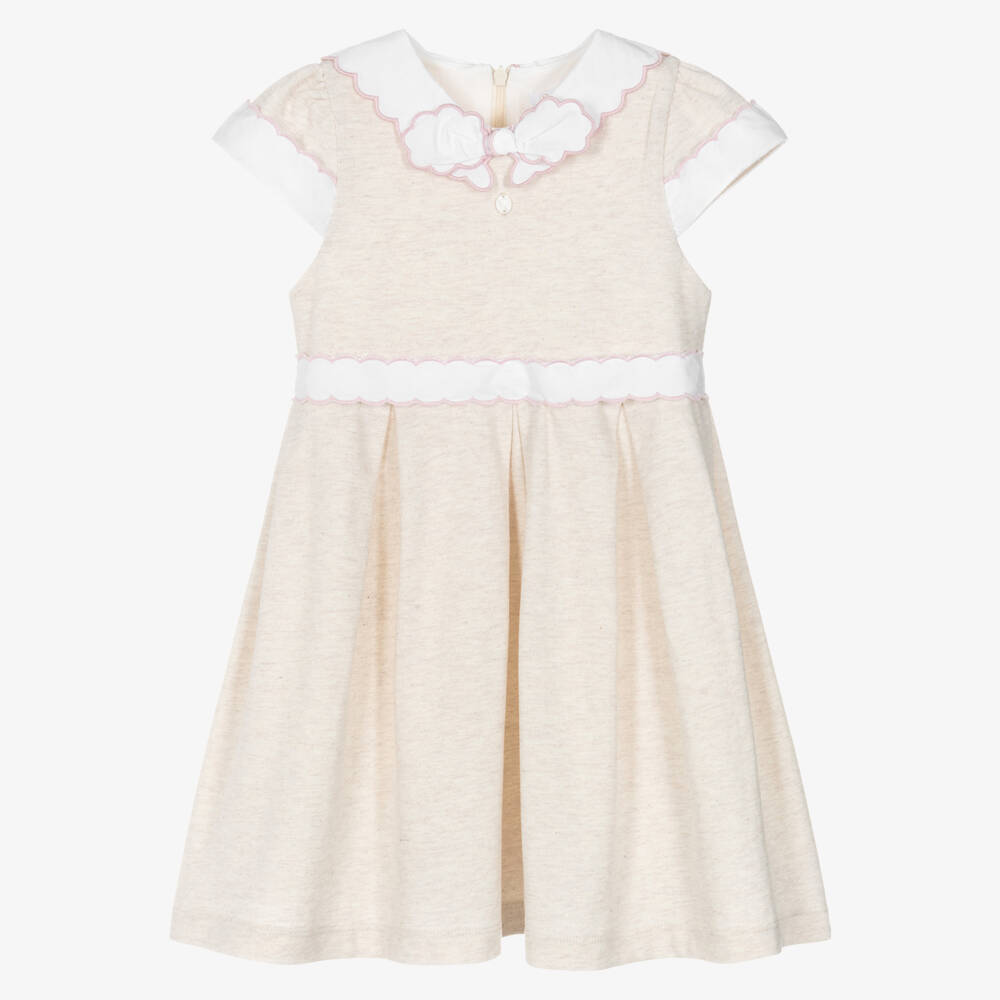 Patachou-Girls Beige Cotton Dress with Scalloped Collar | Childrensalon Outlet
