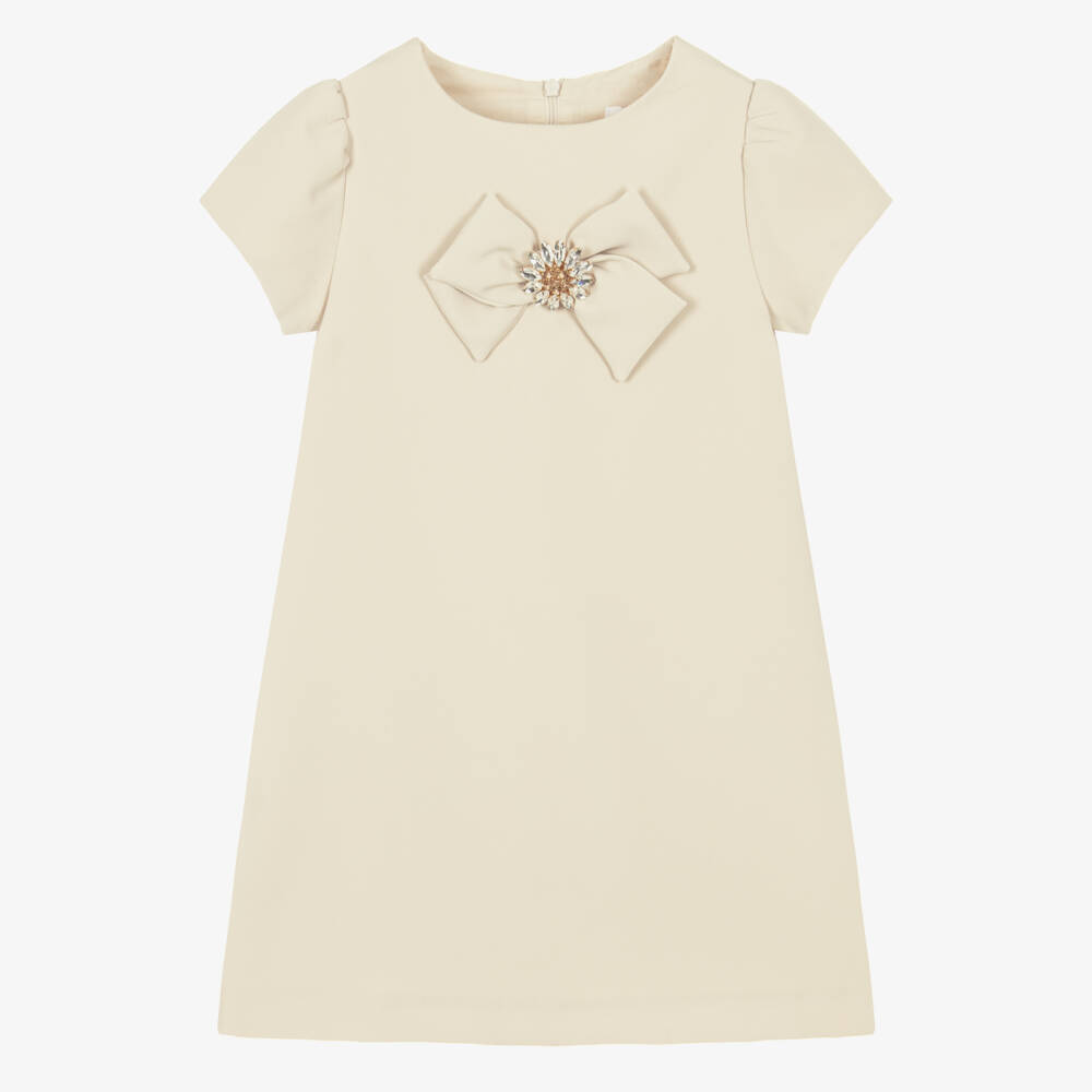 Patachou-Girls Beige Crêpe Dress with Crystal Button & Bow | Childrensalon Outlet