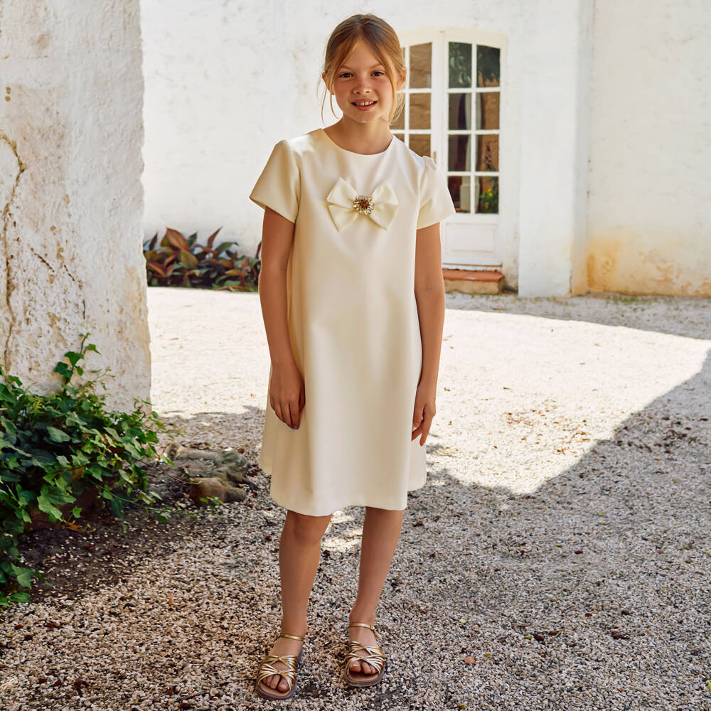 Patachou-Girls Beige Crêpe Dress with Crystal Button & Bow | Childrensalon Outlet