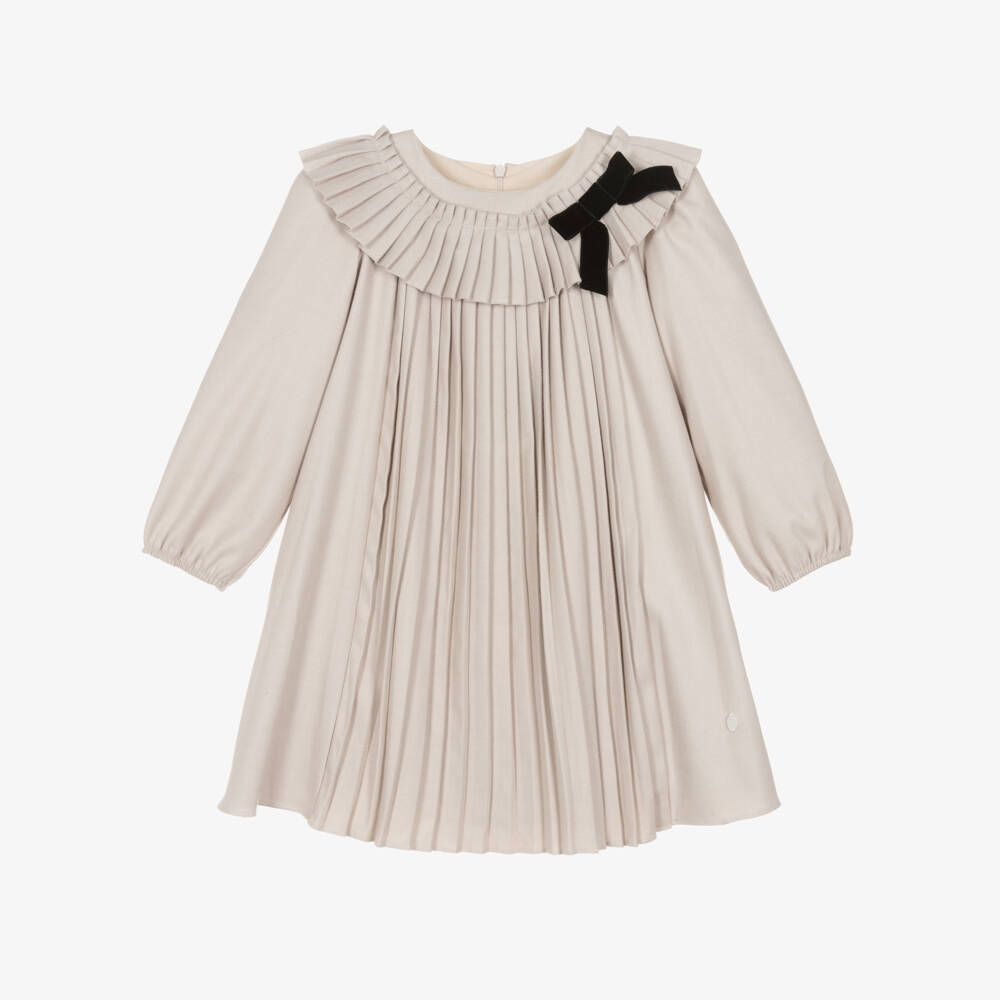 Patachou-Girls Beige Dress with Black Velvet Bow | Childrensalon Outlet