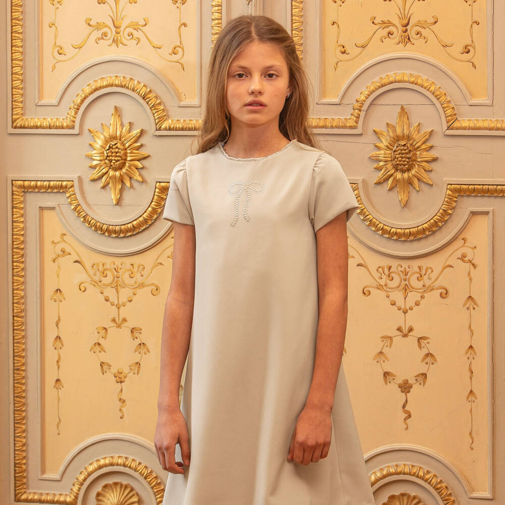 Patachou-Girls Beige Dress with Diamanté & Faux Pearl Bow | Childrensalon Outlet