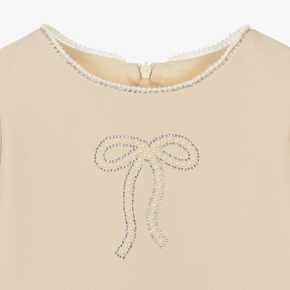 Patachou-Girls Beige Dress with Diamanté & Faux Pearl Bow | Childrensalon Outlet