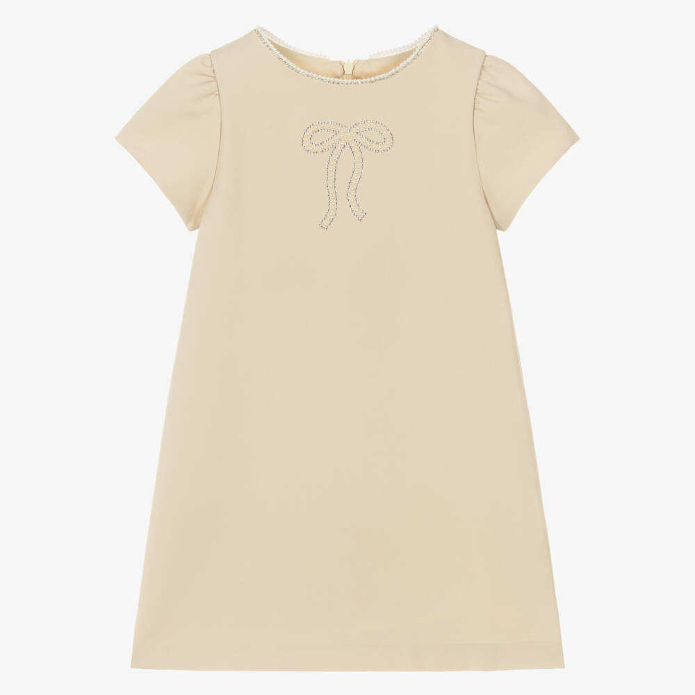 Patachou-Girls Beige Dress with Diamanté & Faux Pearl Bow | Childrensalon Outlet