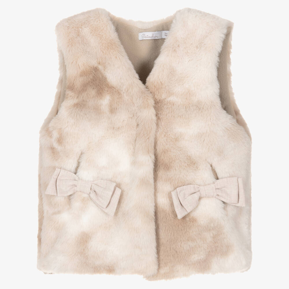 Patachou - Girls Beige Faux Fur Bow Gilet | Childrensalon