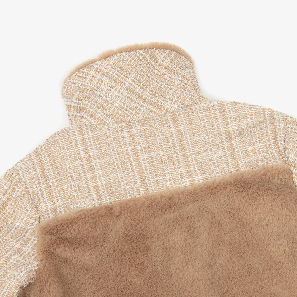 Patachou-Girls Beige Faux fur & Tweed Coat | Childrensalon Outlet