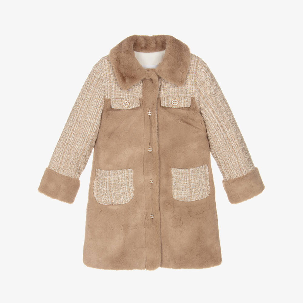 Patachou-Girls Beige Faux fur & Tweed Coat | Childrensalon Outlet