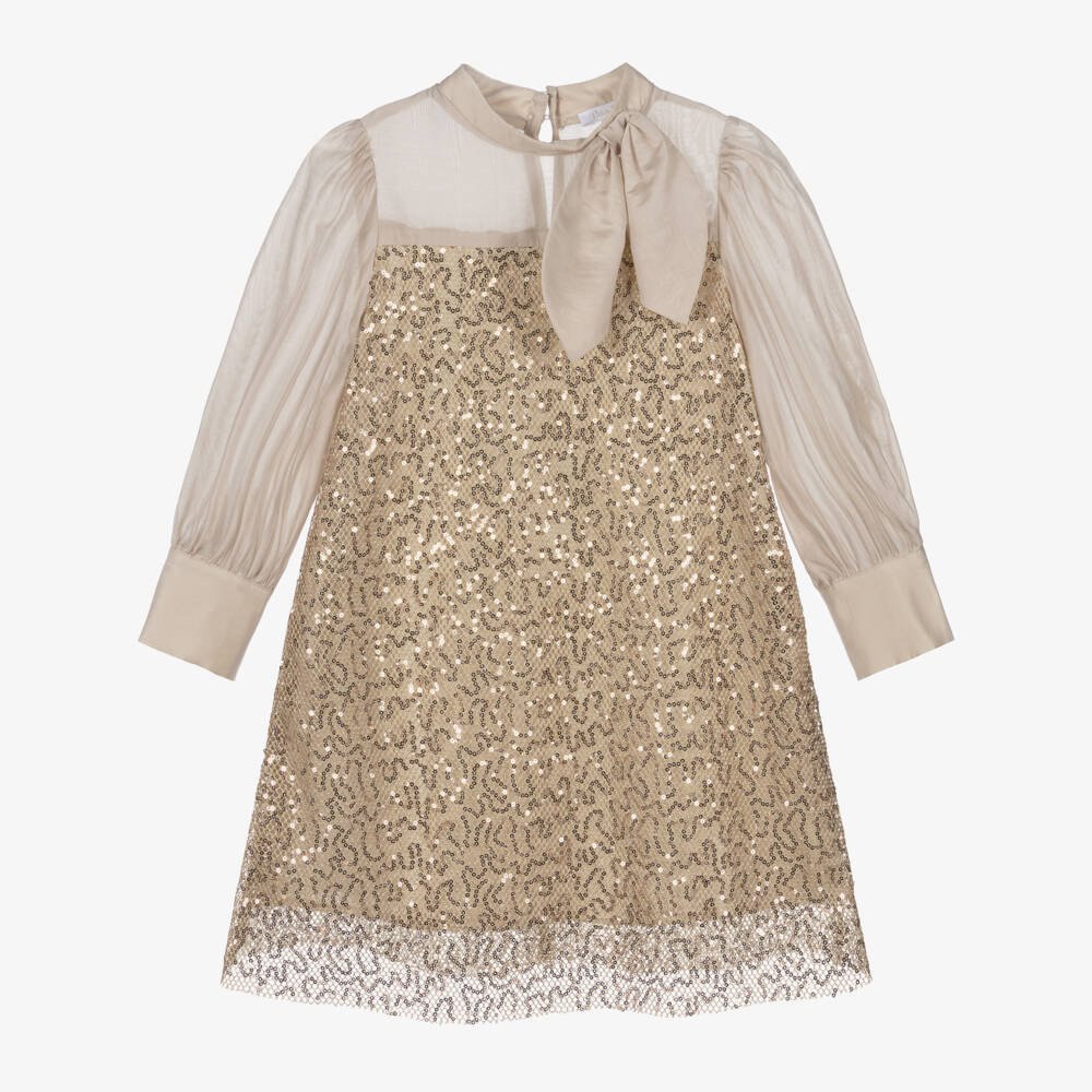 Patachou-Girls Beige & Gold Sequinned Mesh Dress | Childrensalon Outlet
