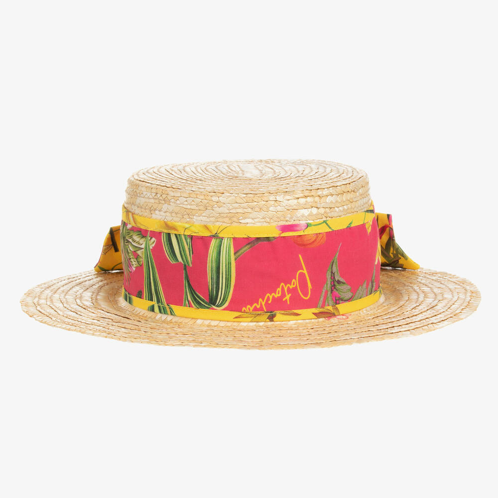 Patachou - Бежевая соломенная шляпа с розовой лентой с цветами | Childrensalon