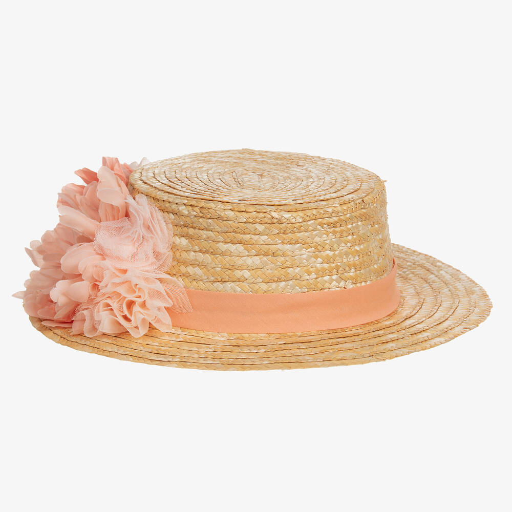 Patachou - Бежевая соломенная шляпа с розовым цветком | Childrensalon
