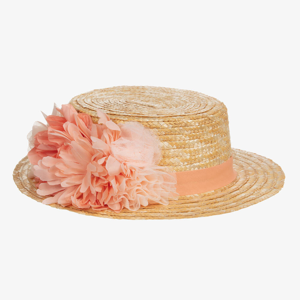 Patachou-Girls Beige & Pink Flower Straw Hat | Childrensalon Outlet