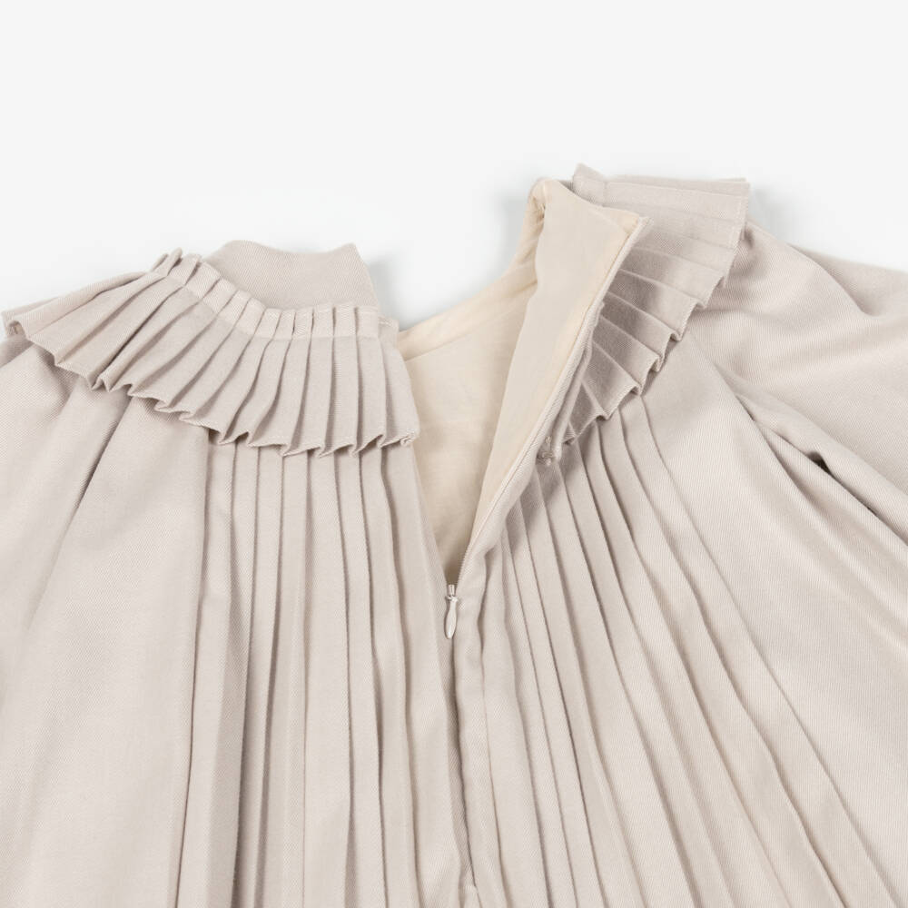 Patachou-Girls Beige Pleated Twill Dress with Black Velvet Bow | Childrensalon Outlet