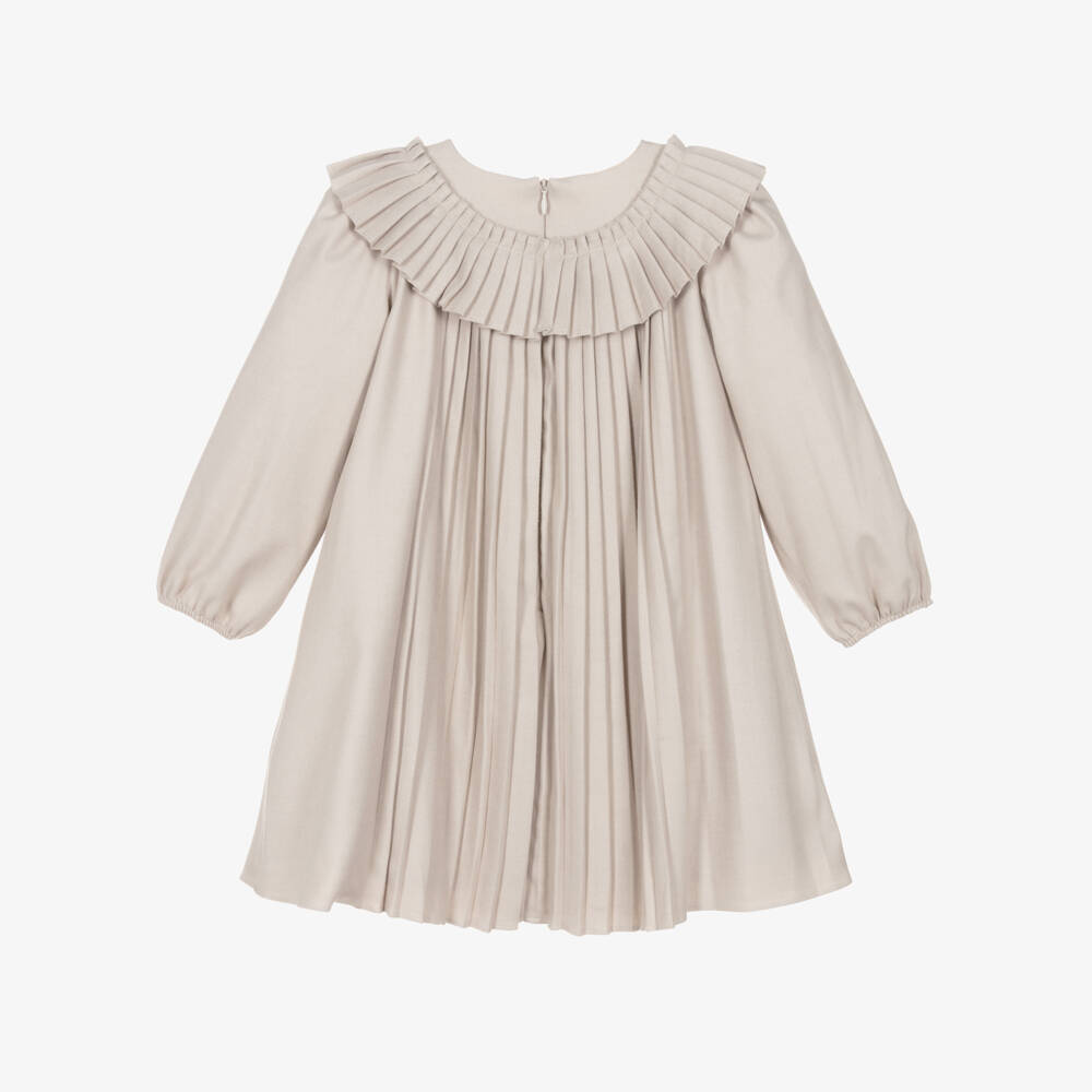 Patachou-Girls Beige Pleated Twill Dress with Black Velvet Bow | Childrensalon Outlet