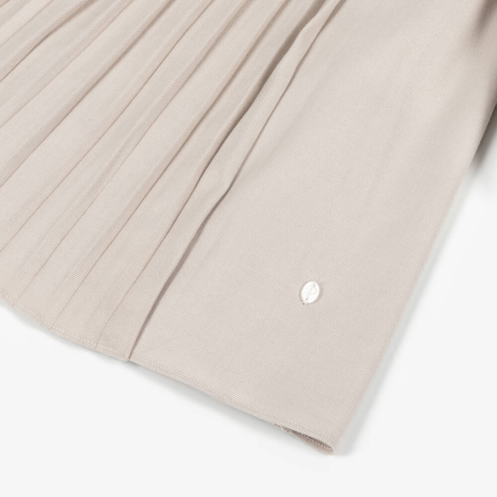 Patachou-Girls Beige Pleated Twill Dress with Black Velvet Bow | Childrensalon Outlet