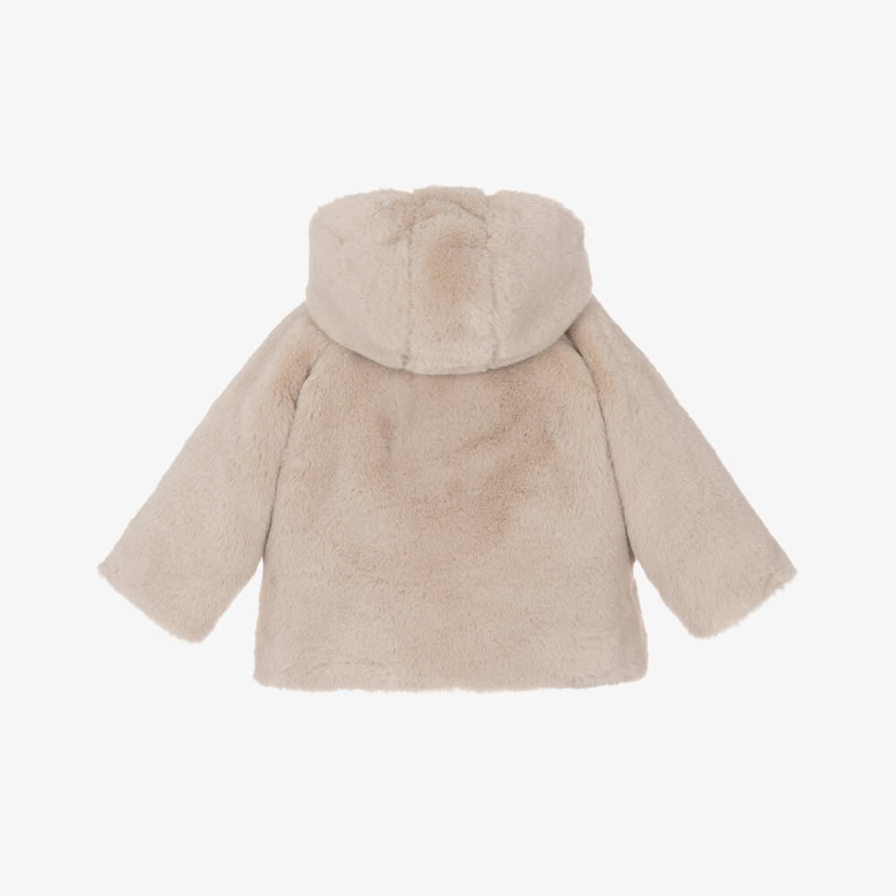 Patachou-Girls Beige Plush Hooded Coat | Childrensalon Outlet
