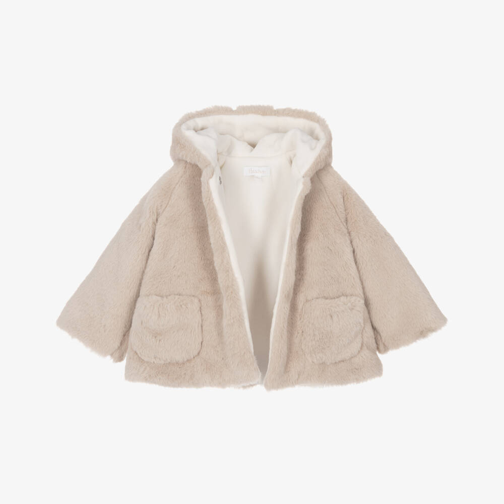 Patachou-Girls Beige Plush Hooded Coat | Childrensalon Outlet