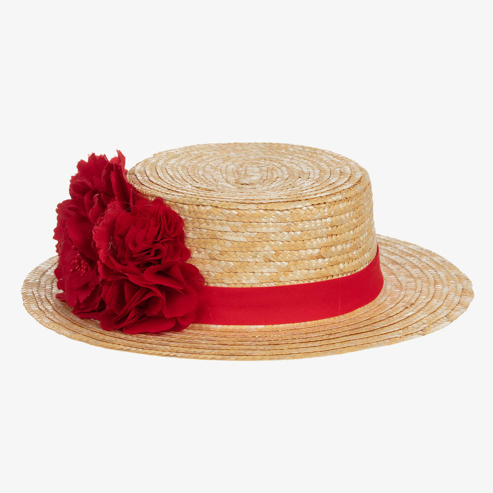 Patachou - Girls Beige & Red Flower Straw Hat | Childrensalon