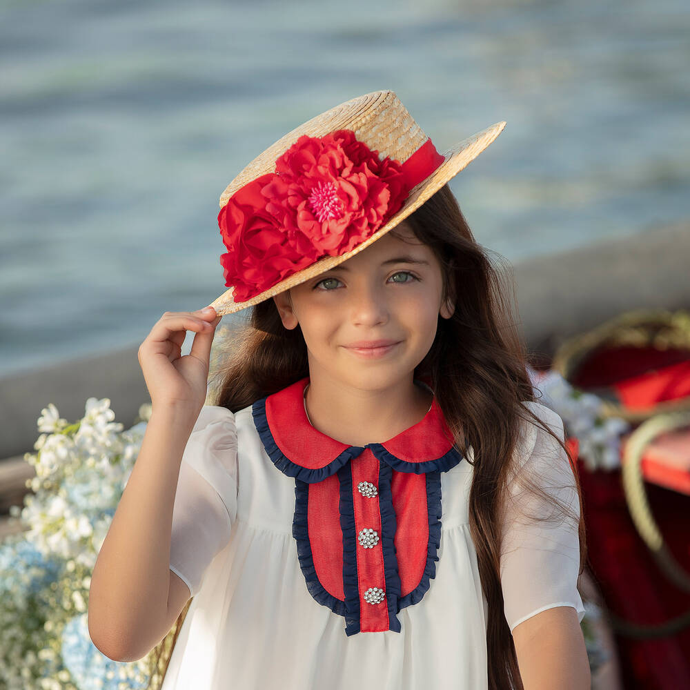 Patachou-Бежевая соломенная шляпа с красными цветами | Childrensalon Outlet