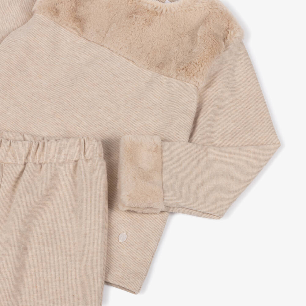 Patachou-Girls Beige Ribbed Knit Leggings Set with Faux Fur Trim | Childrensalon Outlet