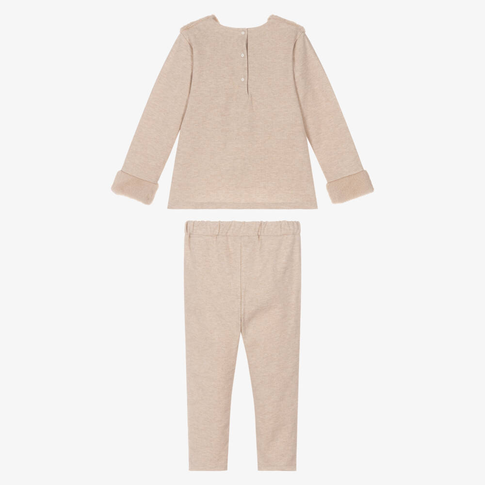 Patachou-Girls Beige Ribbed Knit Leggings Set with Faux Fur Trim | Childrensalon Outlet