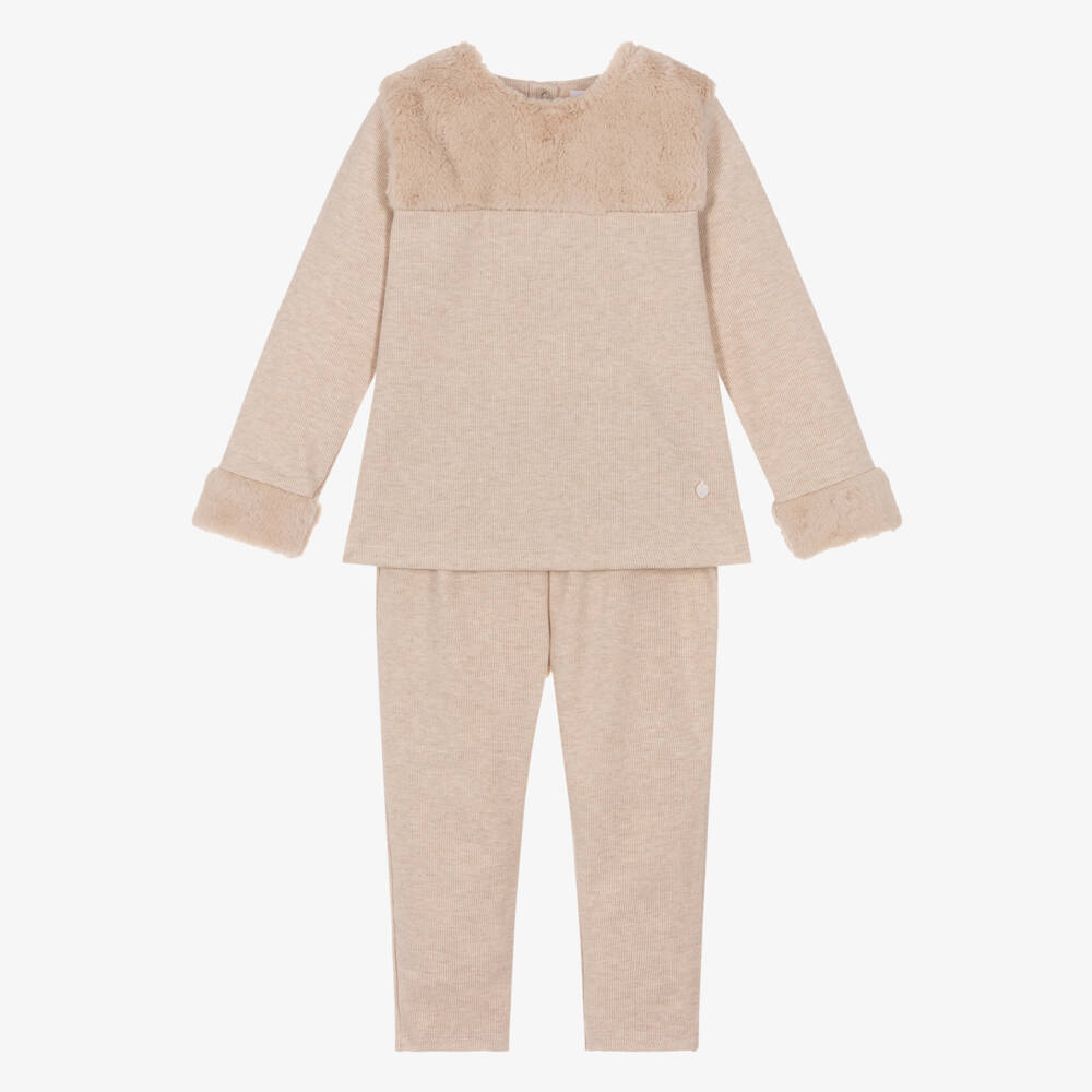 Patachou-Girls Beige Ribbed Knit Leggings Set with Faux Fur Trim | Childrensalon Outlet