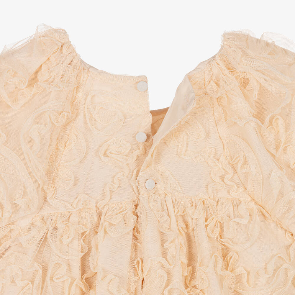 Patachou-Girls Beige Ruffled Tulle Dress with Bow | Childrensalon Outlet
