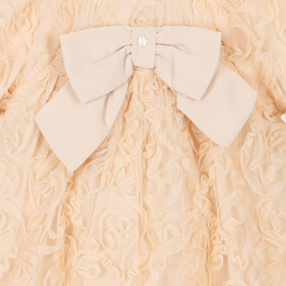 Patachou-Girls Beige Ruffled Tulle Dress with Bow | Childrensalon Outlet