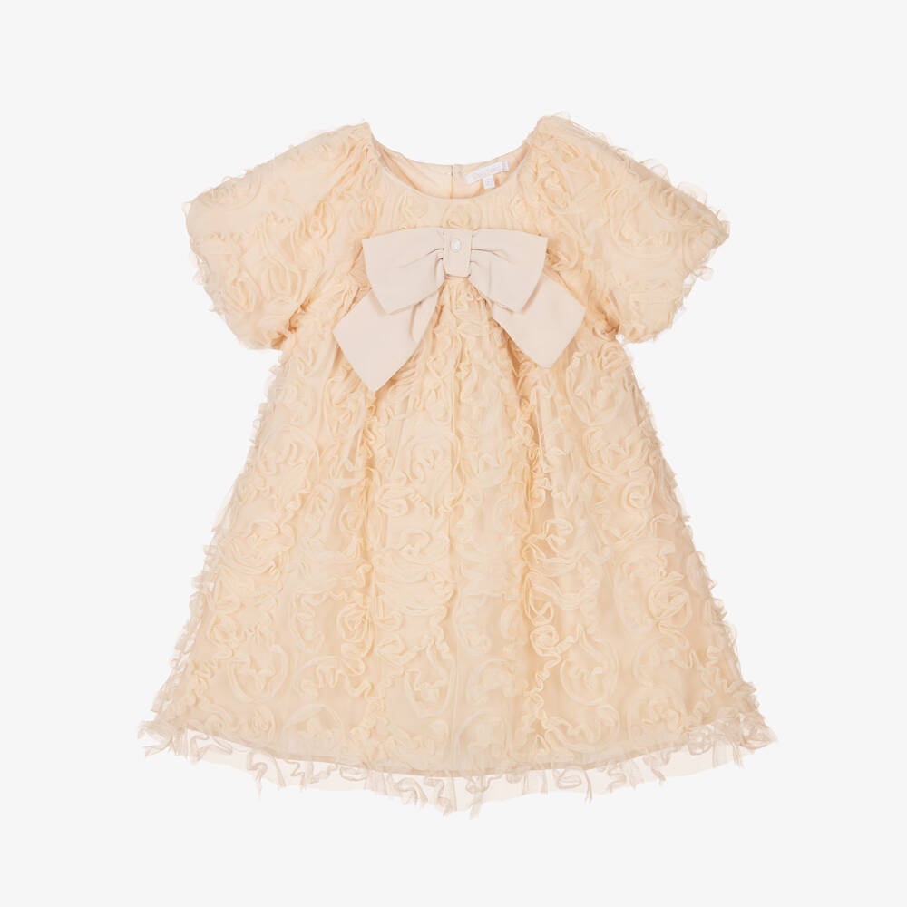 Patachou-Girls Beige Ruffled Tulle Dress with Bow | Childrensalon Outlet