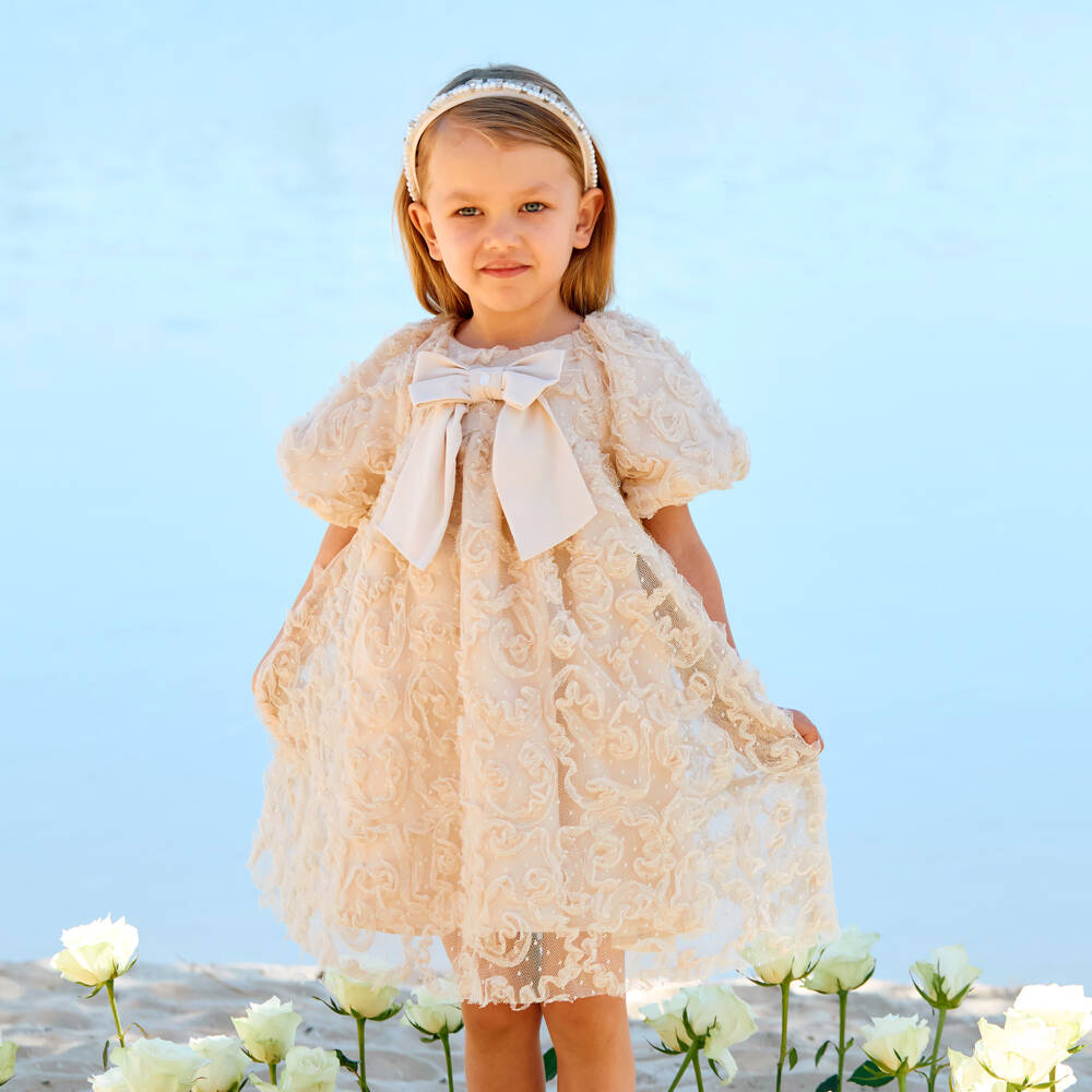 Patachou-Girls Beige Ruffled Tulle Dress with Bow | Childrensalon Outlet