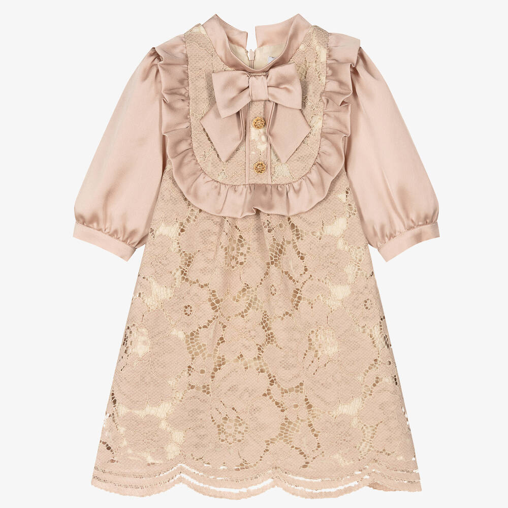 Patachou-Бежевое атласное платье с кружевом | Childrensalon Outlet