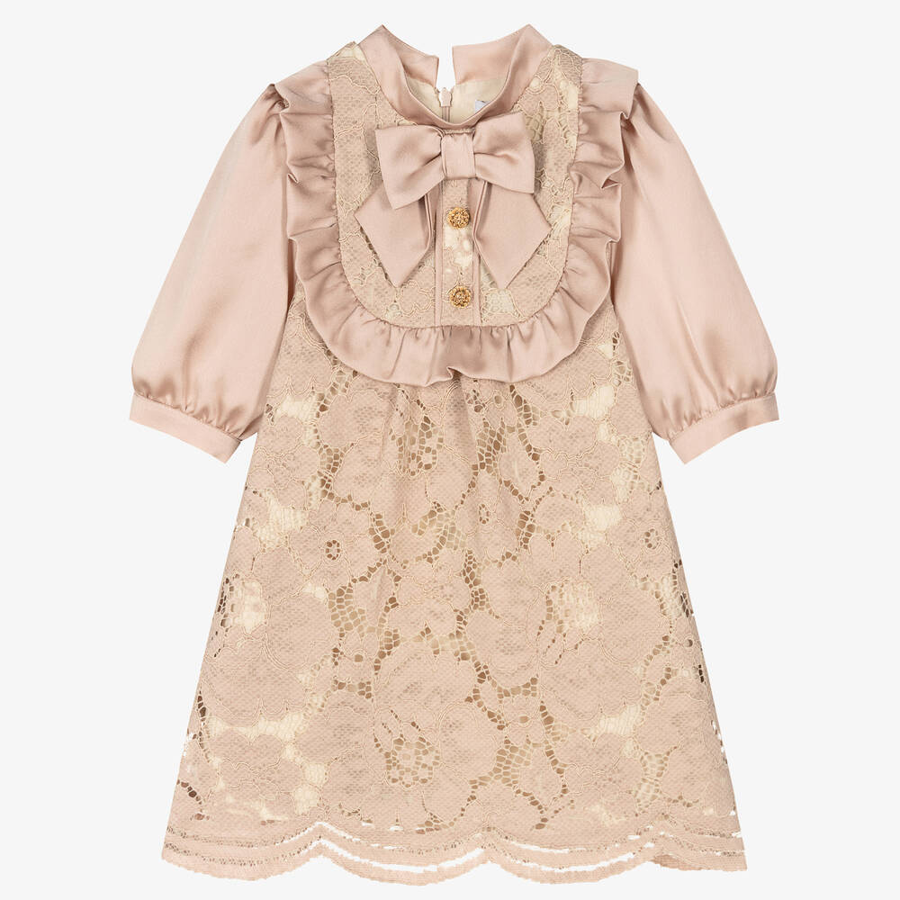 Patachou - Girls Beige Satin & Lace Dress | Childrensalon