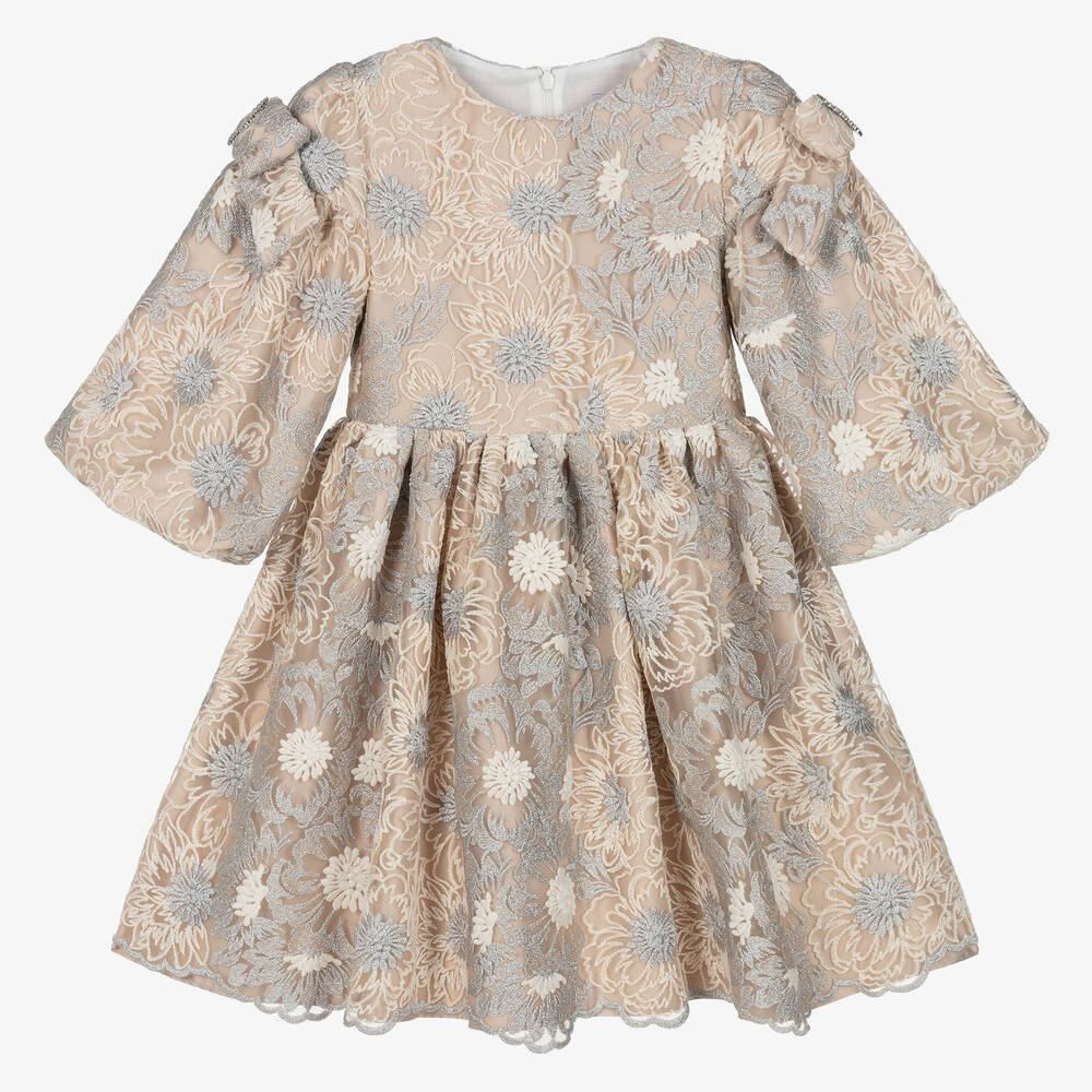 Patachou - Бежево-серебристое платье из тюля с цветами | Childrensalon