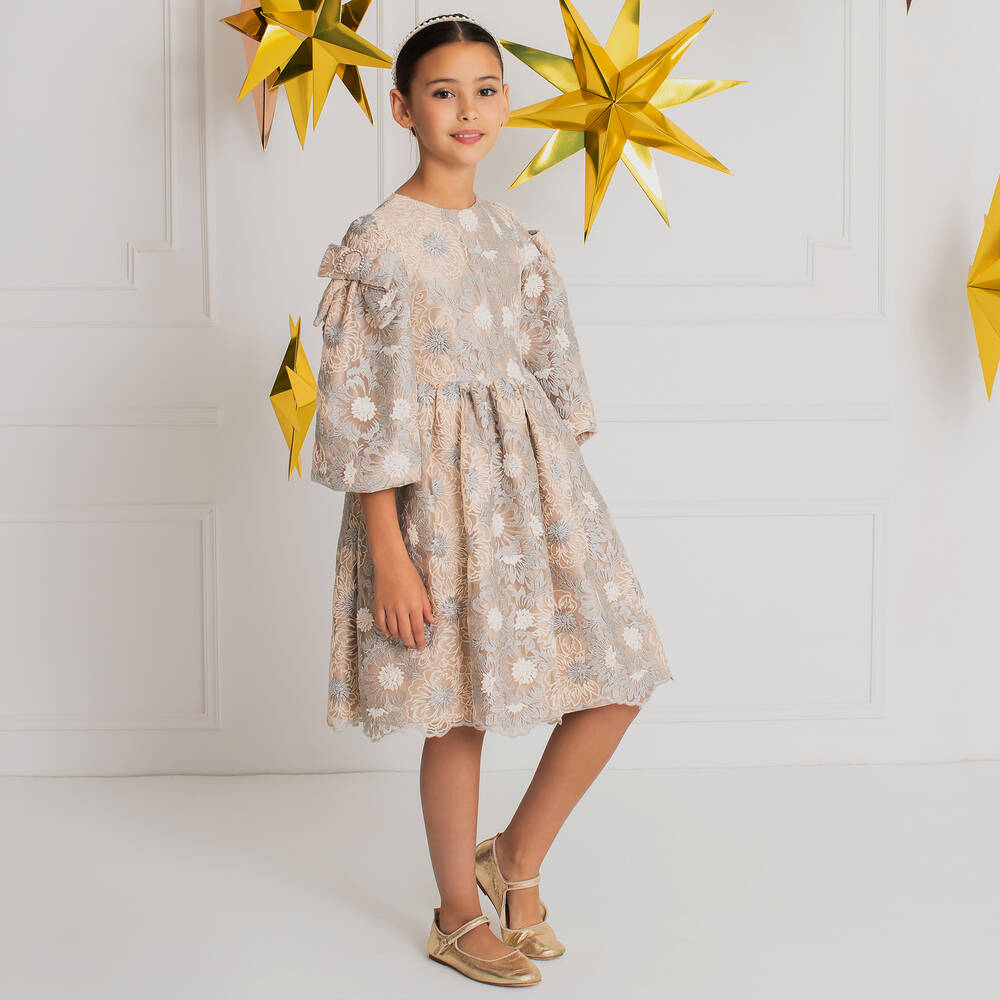 Patachou-Бежево-серебристое платье из тюля с цветами | Childrensalon Outlet
