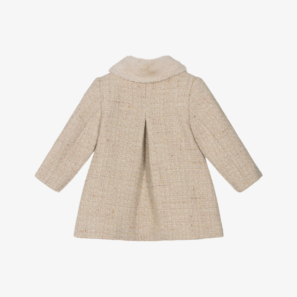 Patachou-Girls Beige Tweed Coat with Faux Fur Trims | Childrensalon Outlet