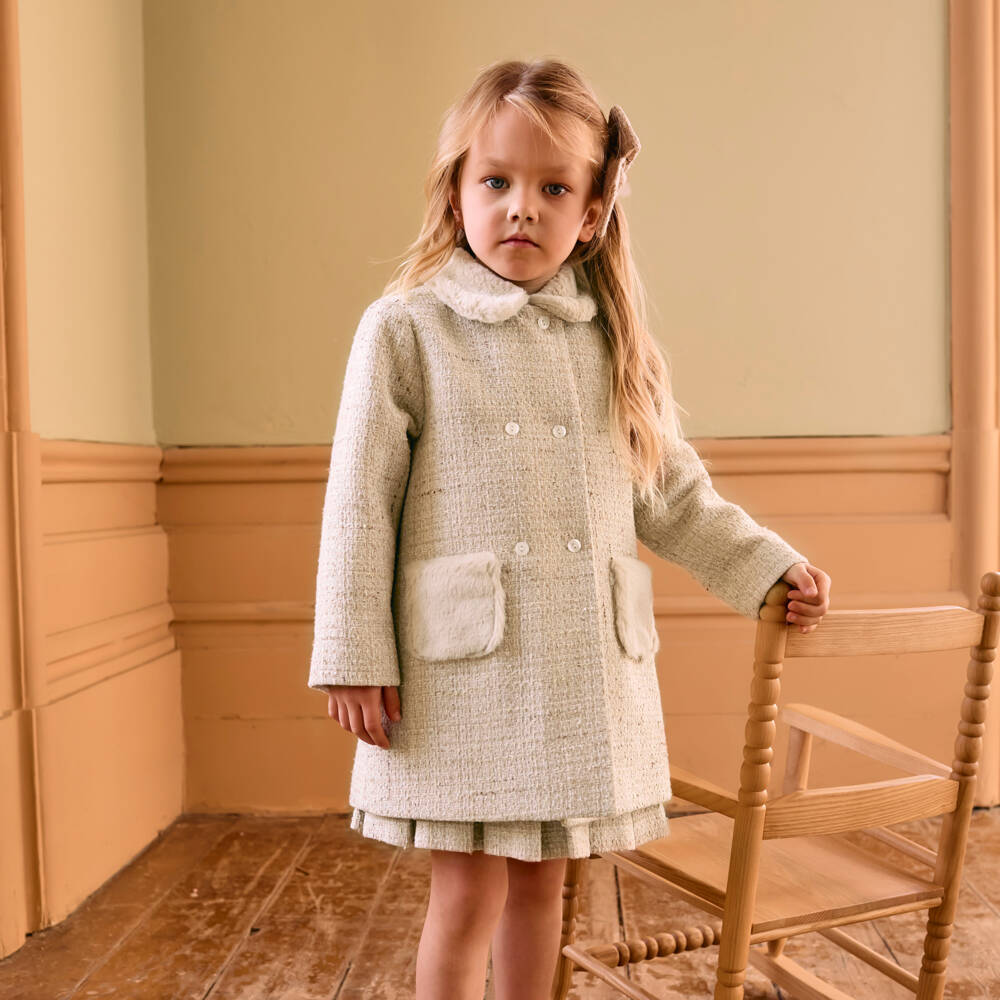 Patachou-Girls Beige Tweed Coat with Faux Fur Trims | Childrensalon Outlet