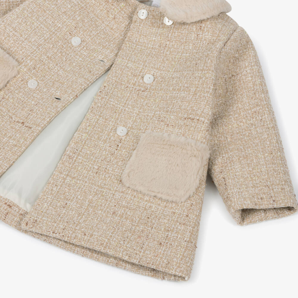 Patachou-Girls Beige Tweed Coat with Faux Fur Trims | Childrensalon Outlet