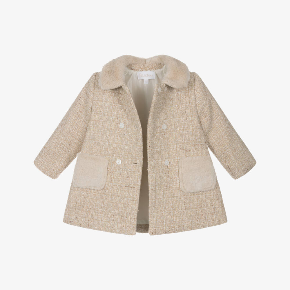 Patachou-Girls Beige Tweed Coat with Faux Fur Trims | Childrensalon Outlet
