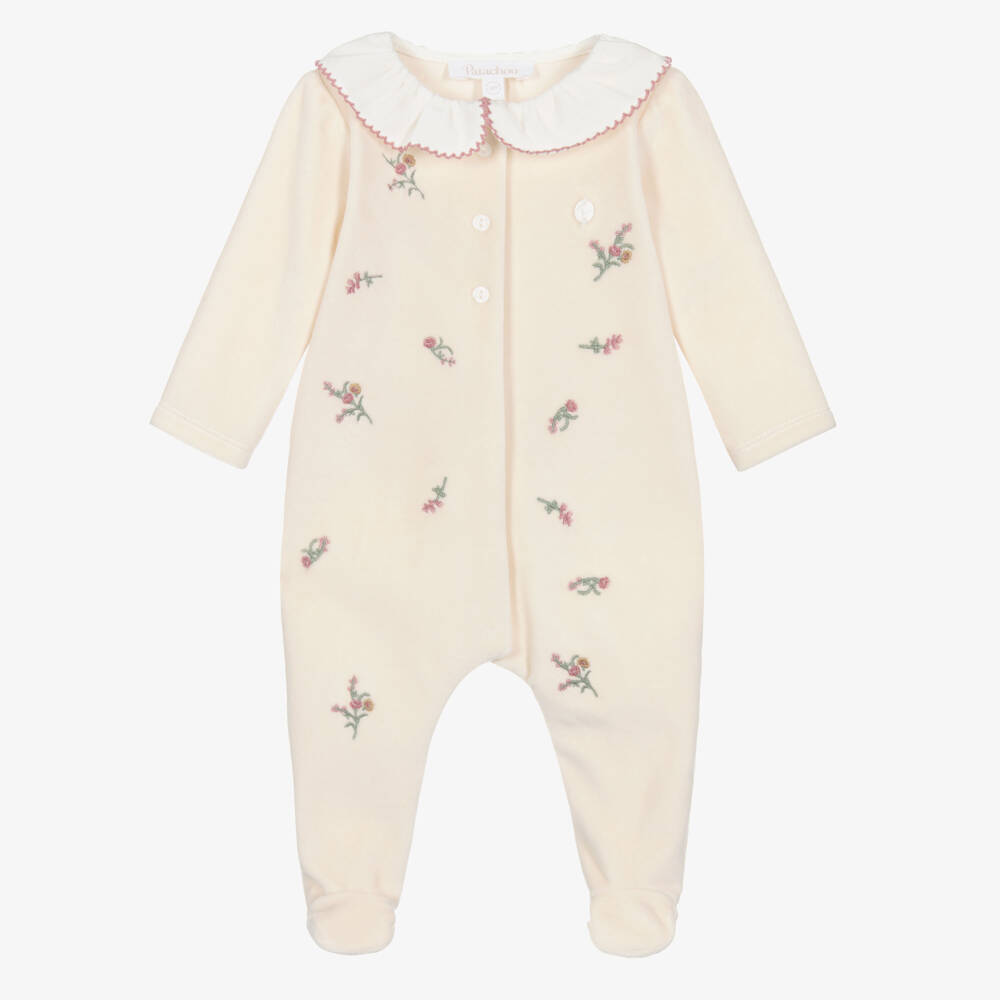 Patachou-Girls Beige Velour Babygrow with Floral Embroidery | Childrensalon Outlet