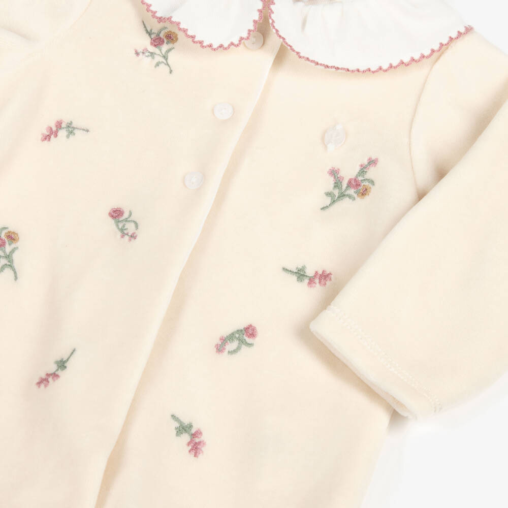 Patachou-Girls Beige Velour Babygrow with Floral Embroidery | Childrensalon Outlet
